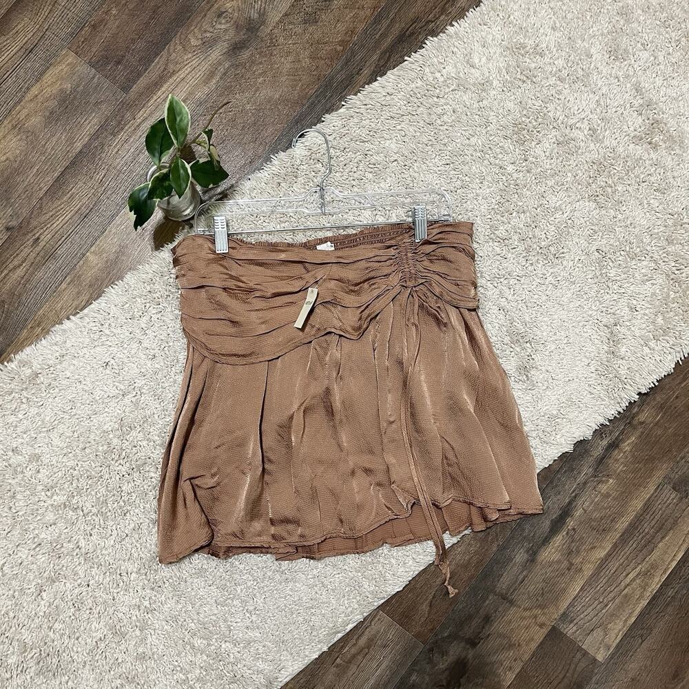 Aerie Size XL Copper Brown Satin Ruched Cinced Smocked Flare Mini Skirt NWT